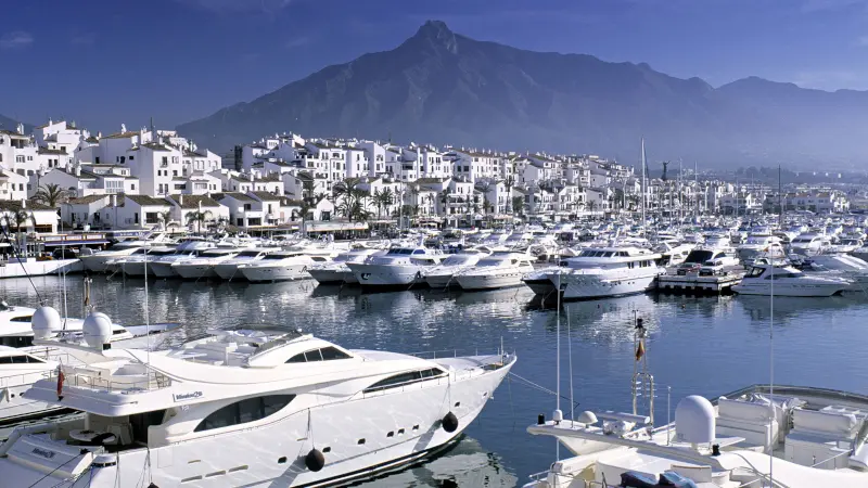Panoramic view Puerto Banus Marbella boats and yachts promenade Marbella Malaga Costa del Sol Spain